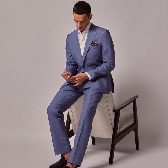 Mens Linen Suit For Beach Wedding - Summer Suit in Mid Blue - Picture 1 of 12